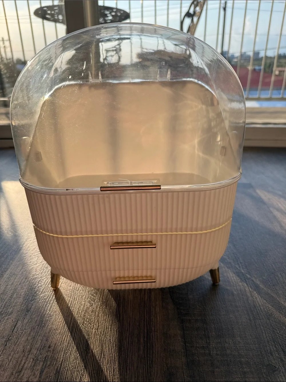 Beige Multi-Tier Cosmetic Organizer with Clear Dome Lid